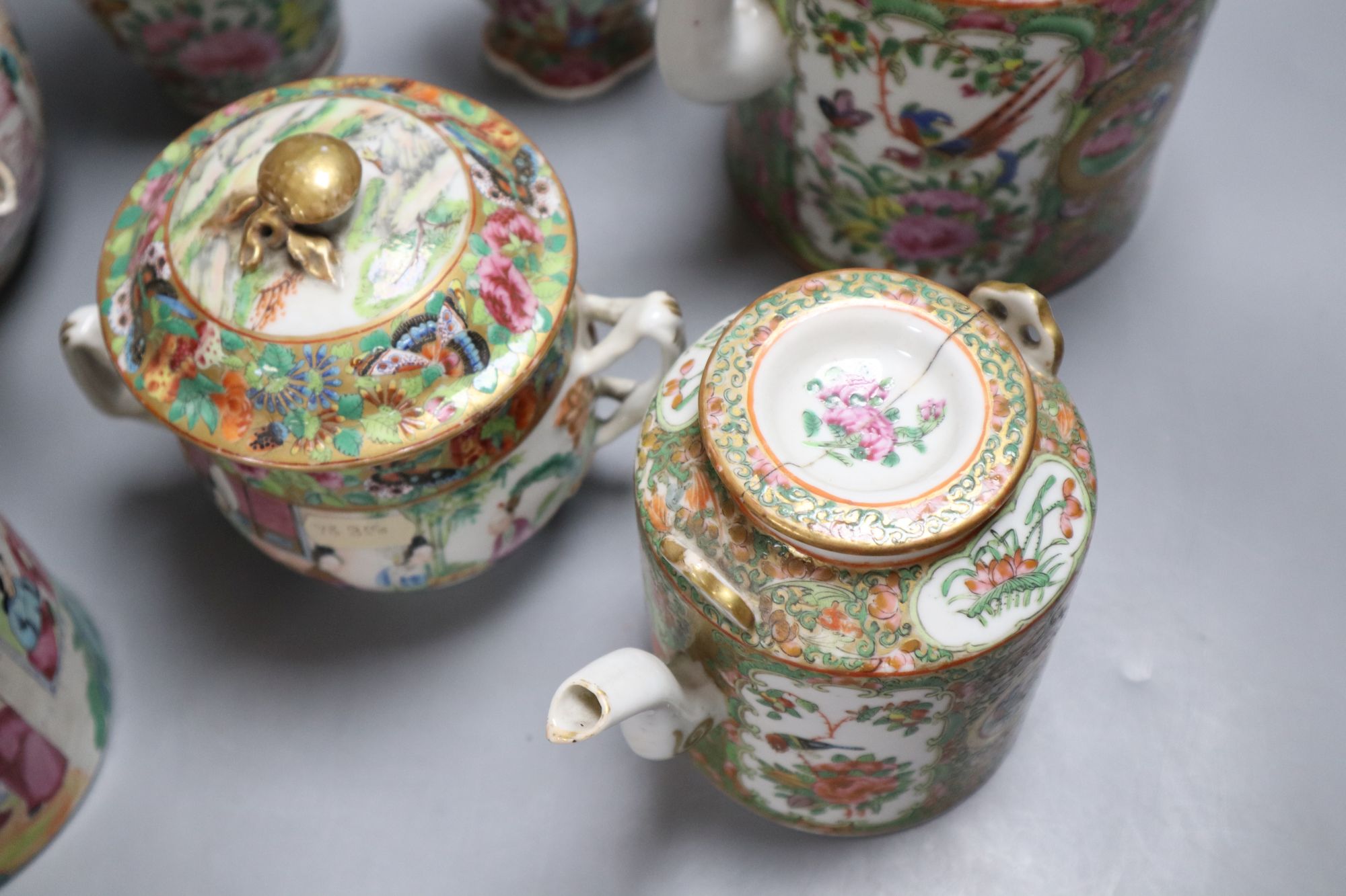 A group of Chinese famille rose tea wares and vases, 18th/19th century, tallest 20cm, (8), damage